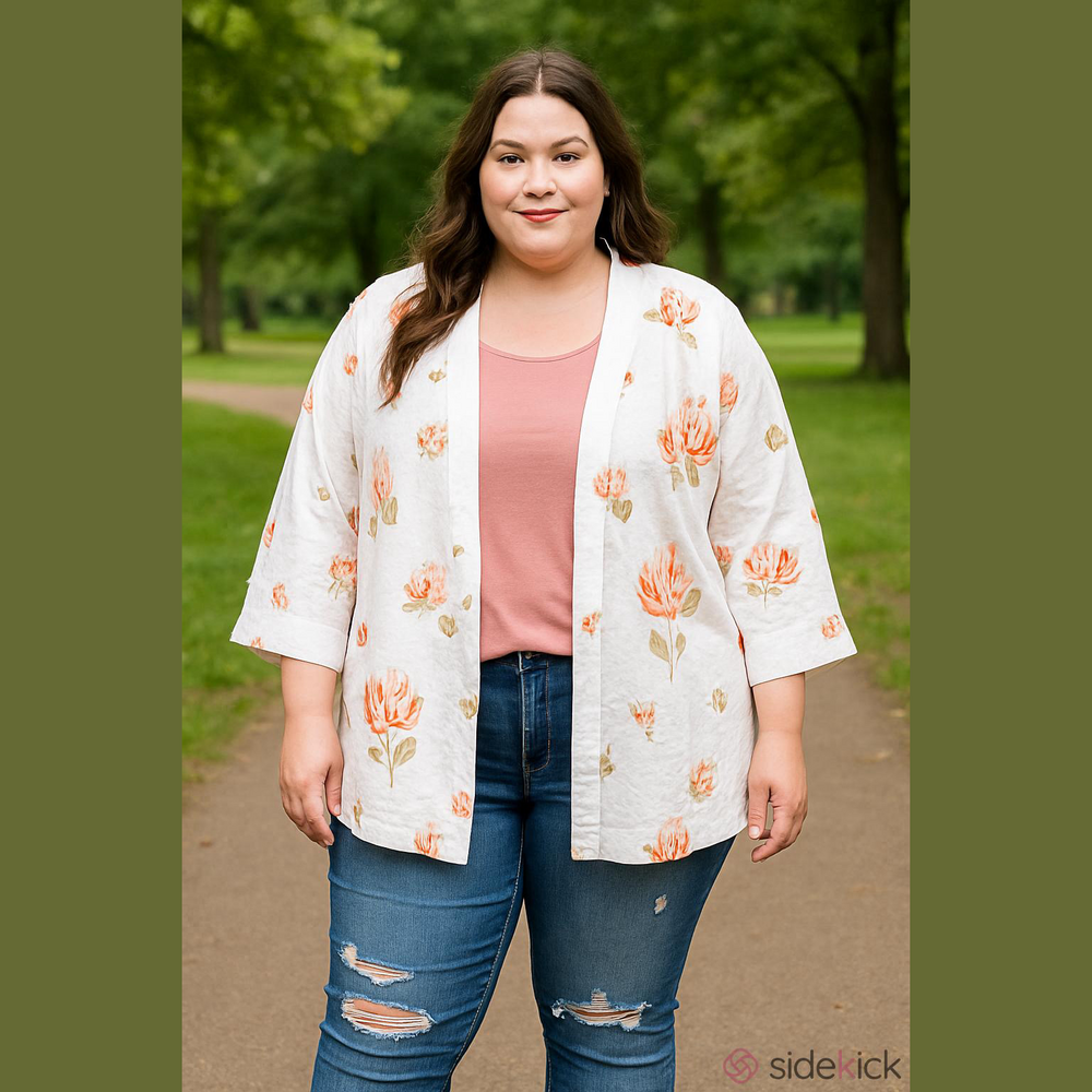 Women's For Cynthia White Pink Floral Linen Cardigan Size L